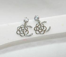 White Rhinestones Dangling Dazzling Silver Rose Earrings