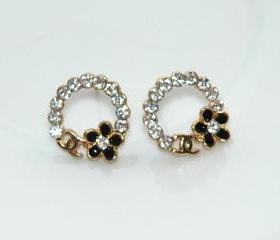 Dazzling Gold Plated White Rhinestone Earrings with Flower 